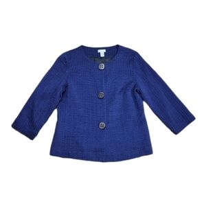 Chico's Textured Button Front 3/4 Sleeve Cropped Mandy Jacket‎ Blue size Small